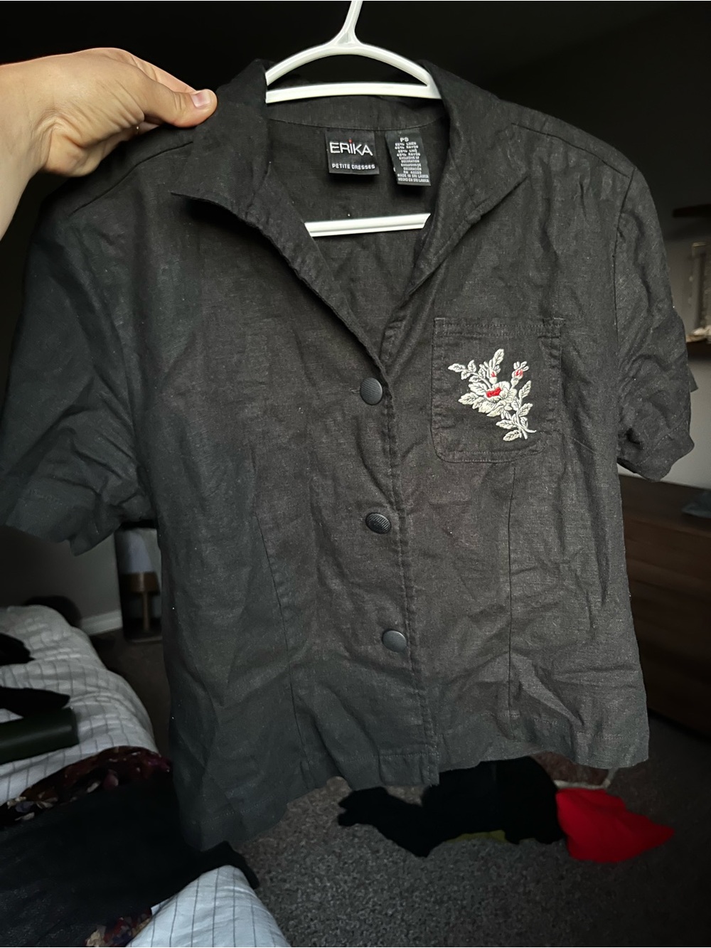 Vintage Black Short-Sleeve with Pocket Embroidery